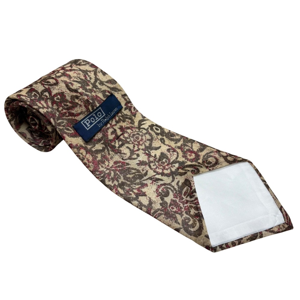 Vintage Polo Ralph Lauren Silk Necktie 56" Tan Burgundy Floral Paisley Hand Made